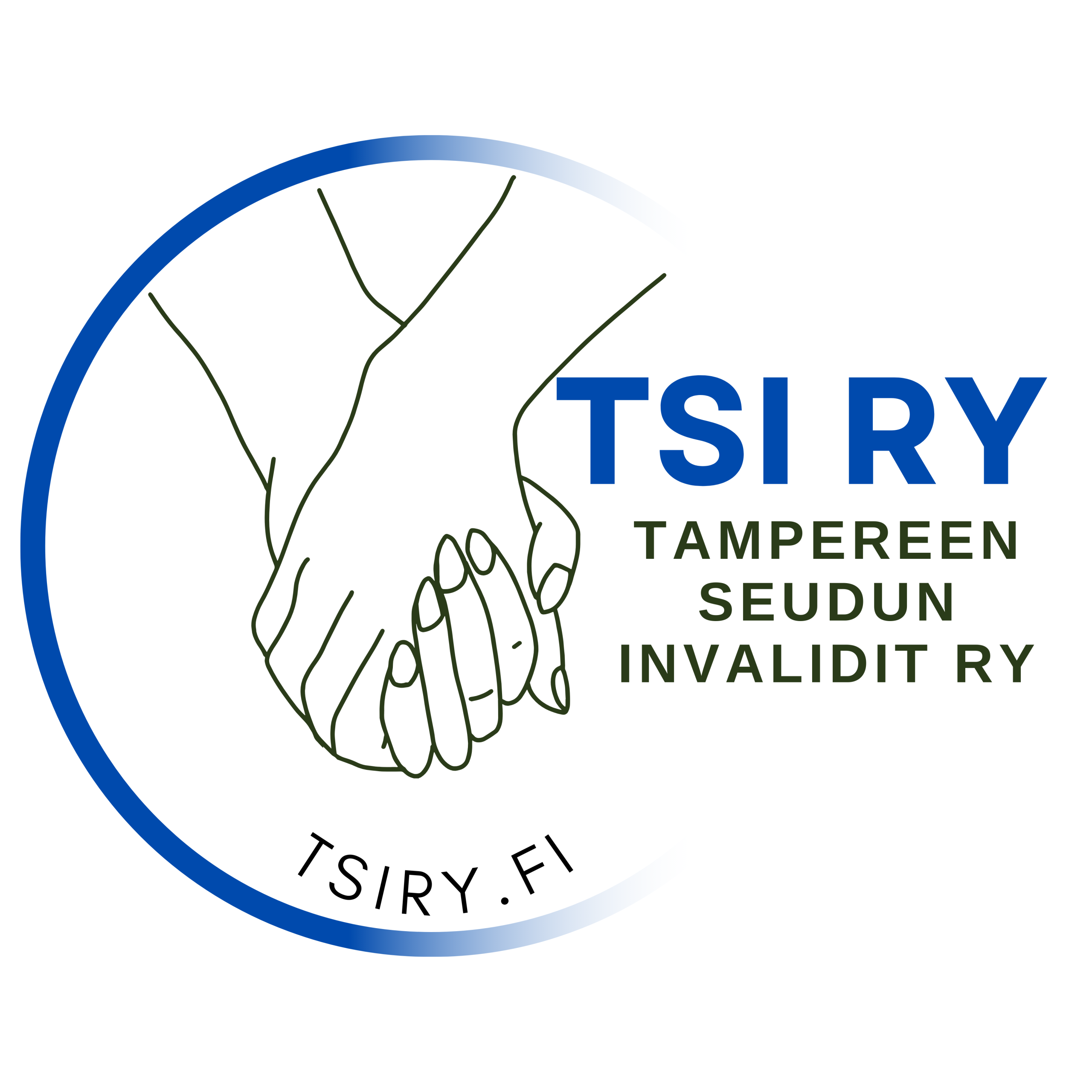 Tampereen Seudun Invalidit ry.n logo. Sininen ympyrä, jossa kaksi sisäkkäistä kättä. Sisäkaaressa lukee tsiry.fi.