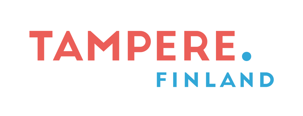 Tampere-logo- Punaisella lukee Tampere. Sininen piste ja alla lukee Finland.